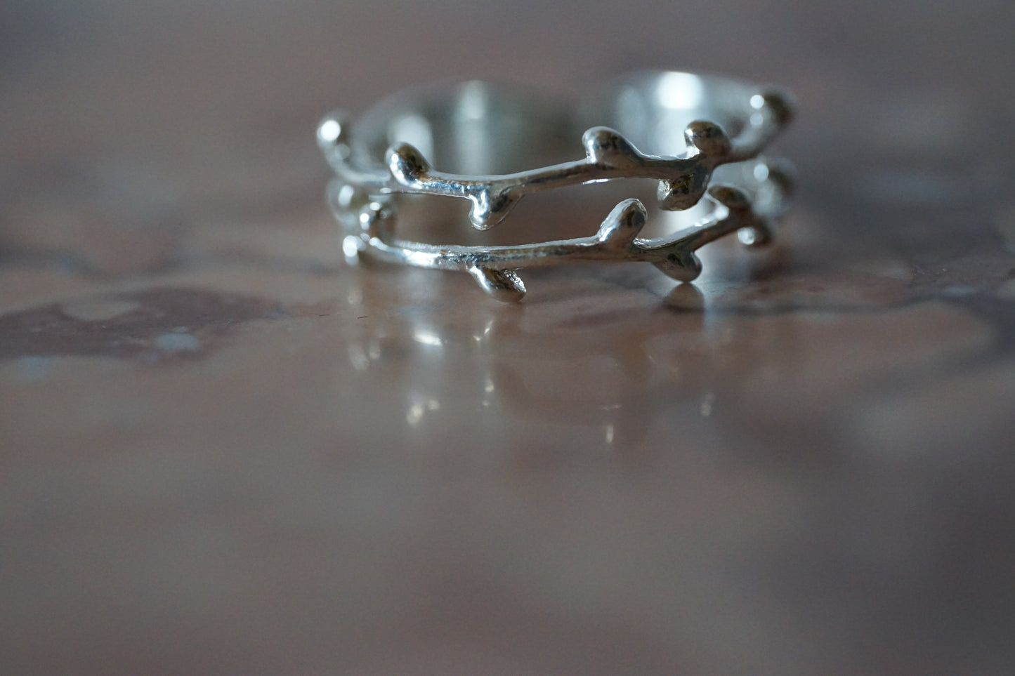 Double Band Silver Ring with Floral Effects
