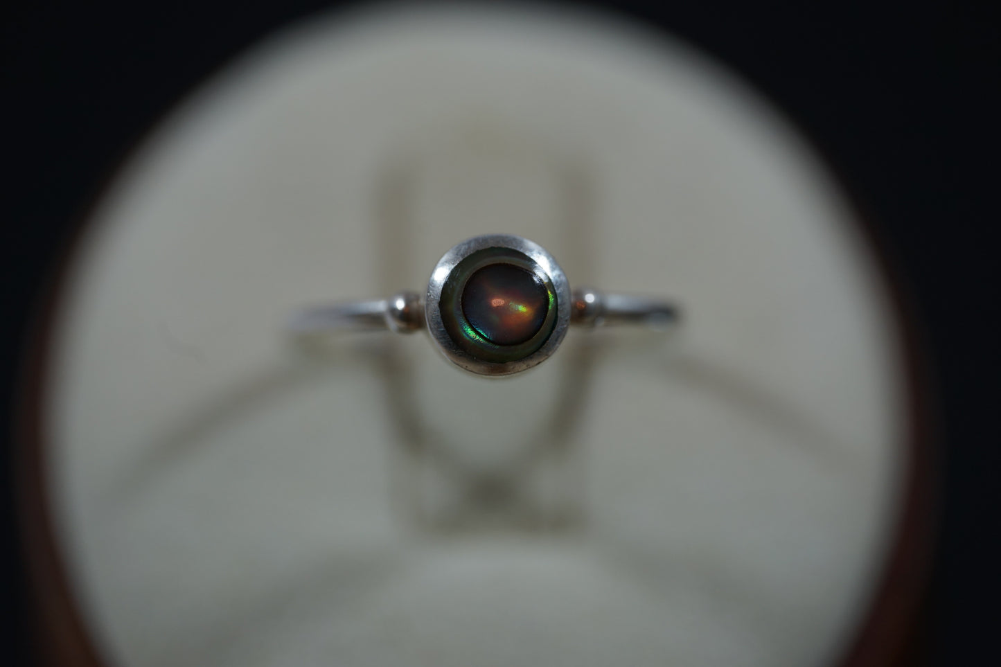 Silver Ring With Round Gemstone Between Two Silver Dots