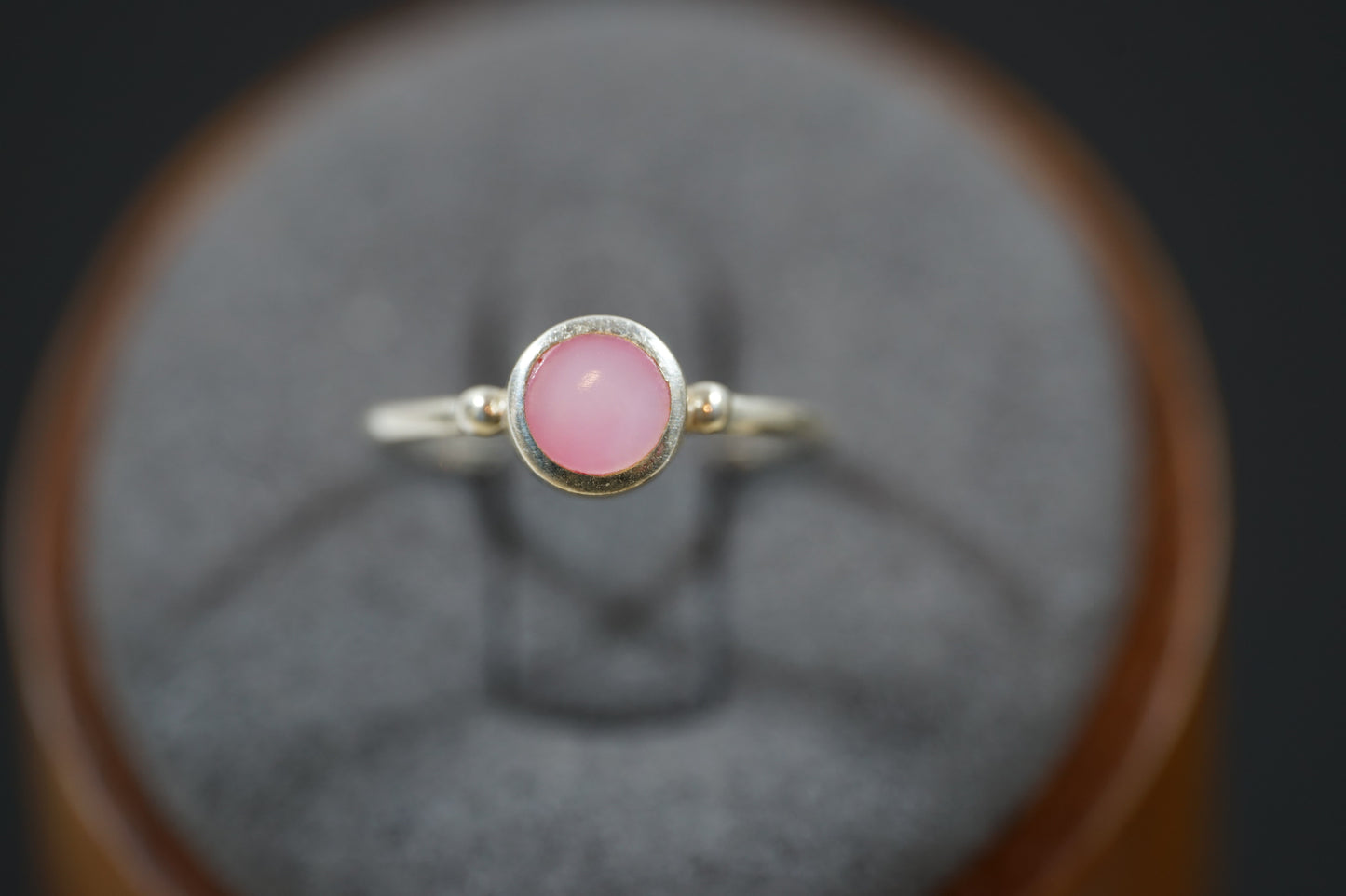 Silver Ring With Round Gemstone Between Two Silver Dots